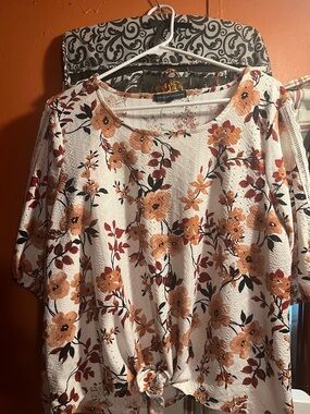 Textured White Floral Tie-Front Blouse with Rust Accents